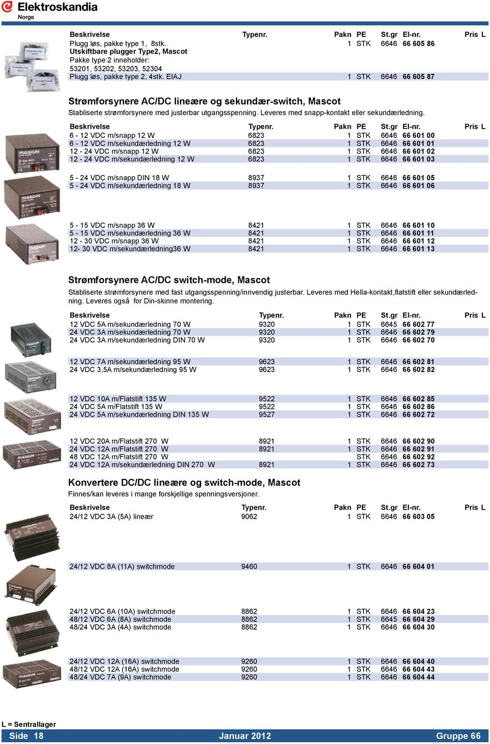 EIAJ 1 STK 6646 66 605 87 Strømforsynere AC/DC lineære og sekundær-switch, Mascot Stabliserte strømforsynere med justerbar utgangsspenning. Leveres med snapp-kontakt eller sekundærledning.