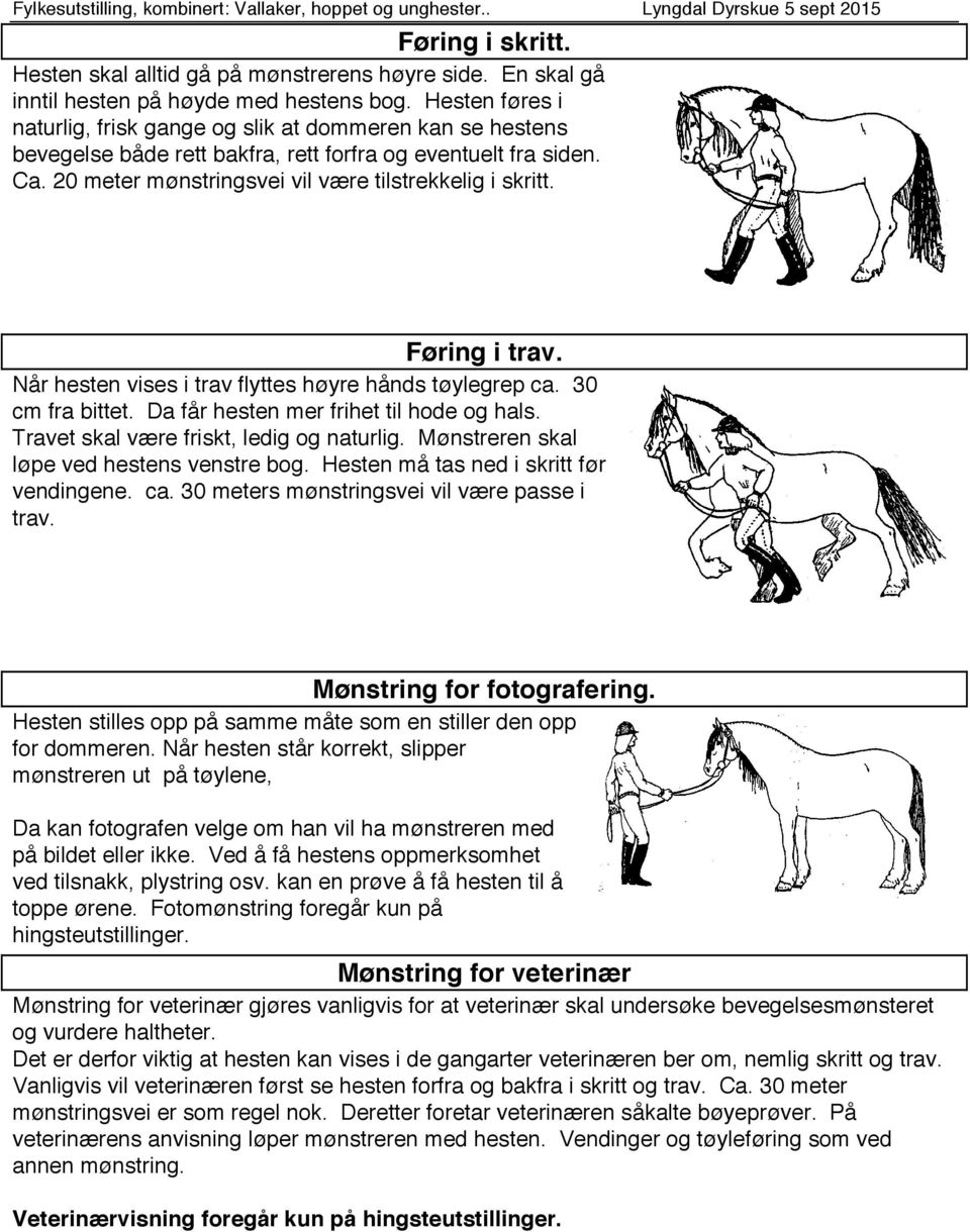 20 meter mønstringsvei vil være tilstrekkelig i skritt. Føring i trav. Når hesten vises i trav flyttes høyre hånds tøylegrep ca. 30 cm fra bittet. Da får hesten mer frihet til hode og hals.