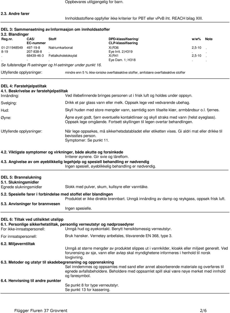 Se fullstendige R-setninger og H-setninger under punkt 16 Utfyllende opplysninger: mindre enn 5 % ikke-ioniske overflateaktive stoffer, amfotære overflateaktive stoffer w/w% 2,5-10 2,5-10 Note DEL 4: