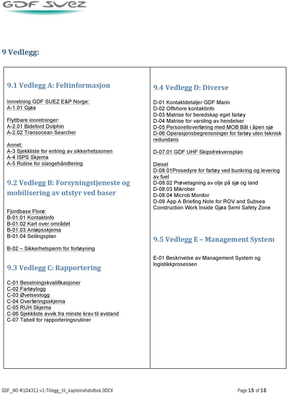 2 Vedlegg B: Forsyningstjeneste og mobilisering av utstyr ved baser Fjordbase Florø: B-01.01 Kontaktinfo B-01.02 Kart over området B-01.03 Anløpsskjema B-01.