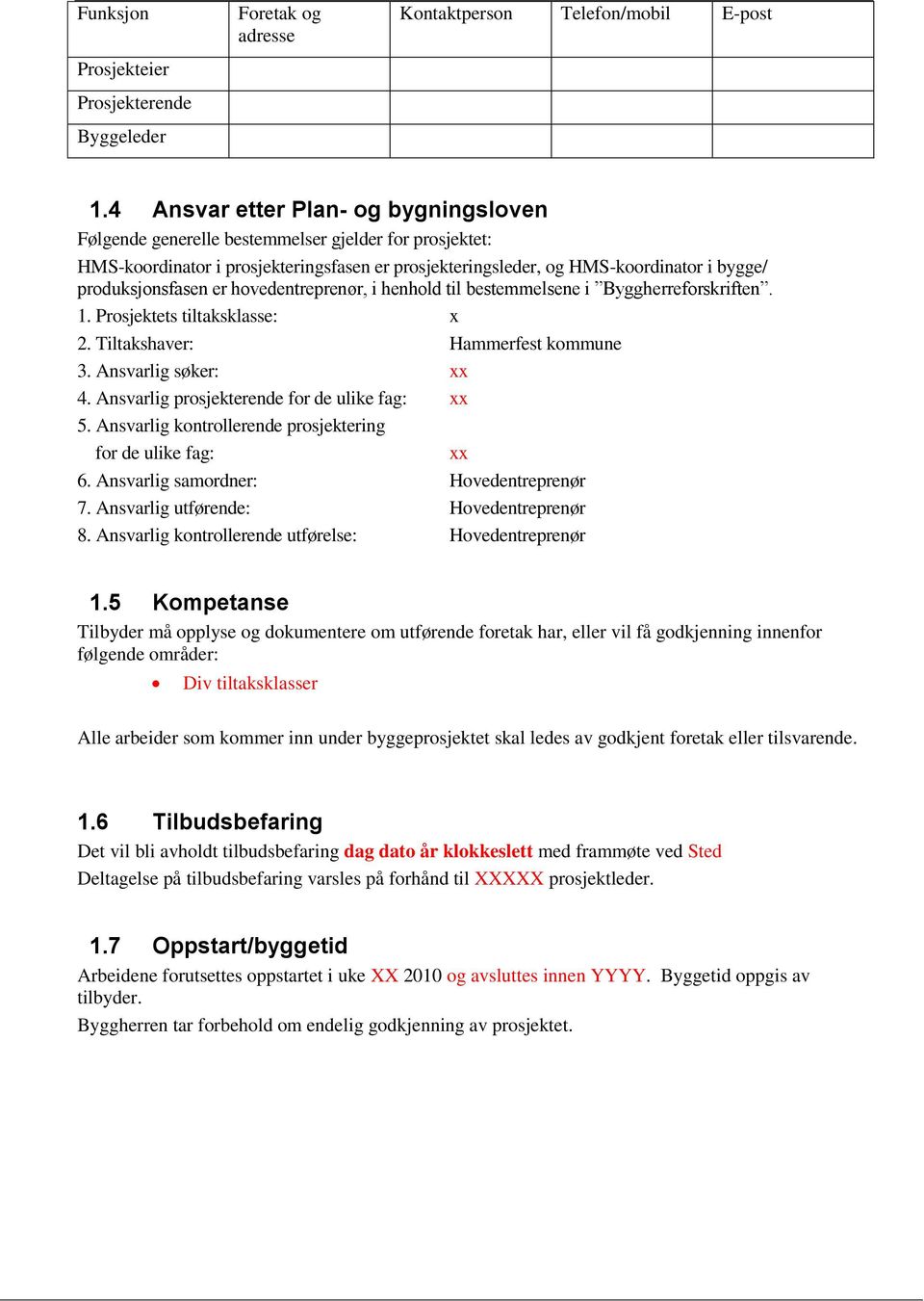 produksjonsfasen er hovedentreprenør, i henhold til bestemmelsene i Byggherreforskriften. 1. Prosjektets tiltaksklasse: x 2. Tiltakshaver: Hammerfest kommune 3. Ansvarlig søker: xx 4.