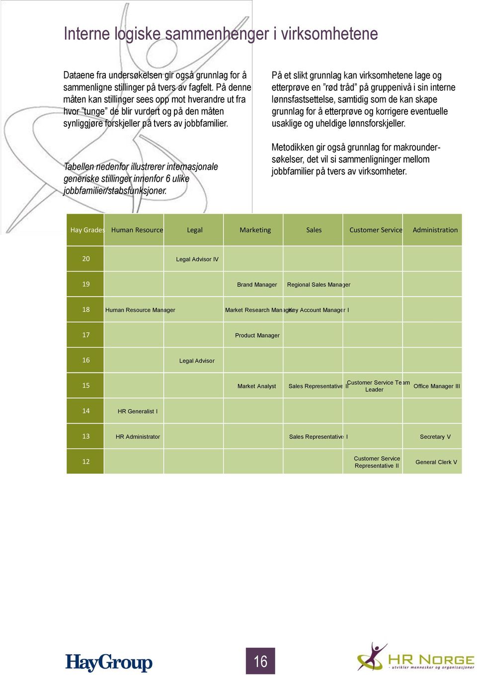Tabellen nedenfor illustrerer internasjonale generiske stillinger innenfor 6 ulike jobbfamilier/stabsfunksjoner.