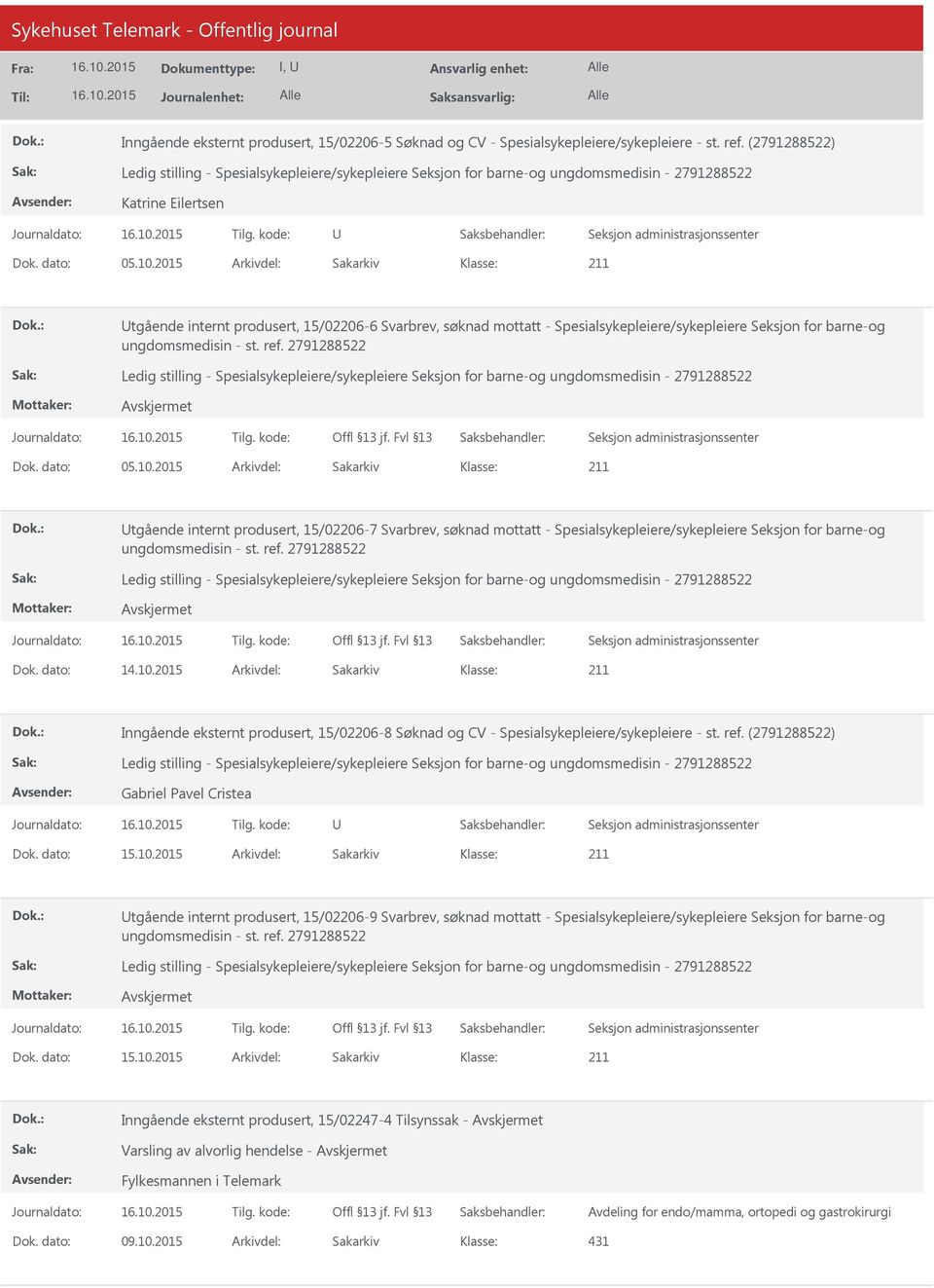 2015 Arkivdel: Sakarkiv tgående internt produsert, 15/02206-7 Svarbrev, søknad mottatt - Spesialsykepleiere/sykepleiere Seksjon for barne-og ungdomsmedisin - st. ref. 2791288522 Dok. dato: 14.10.