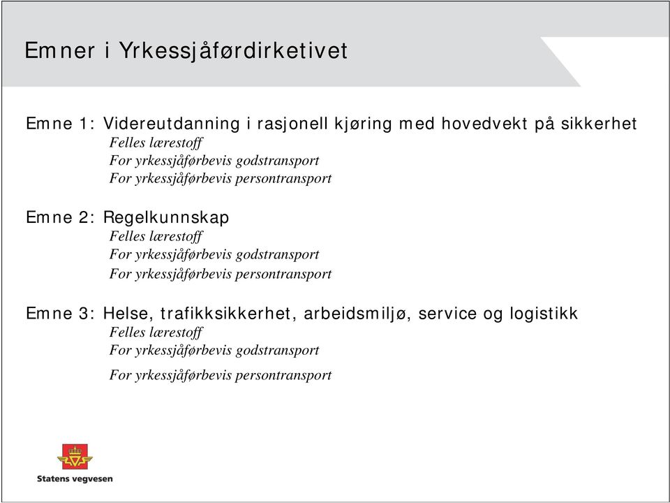 lærestoff For yrkessjåførbevis godstransport For yrkessjåførbevis persontransport Emne 3: Helse, trafikksikkerhet,