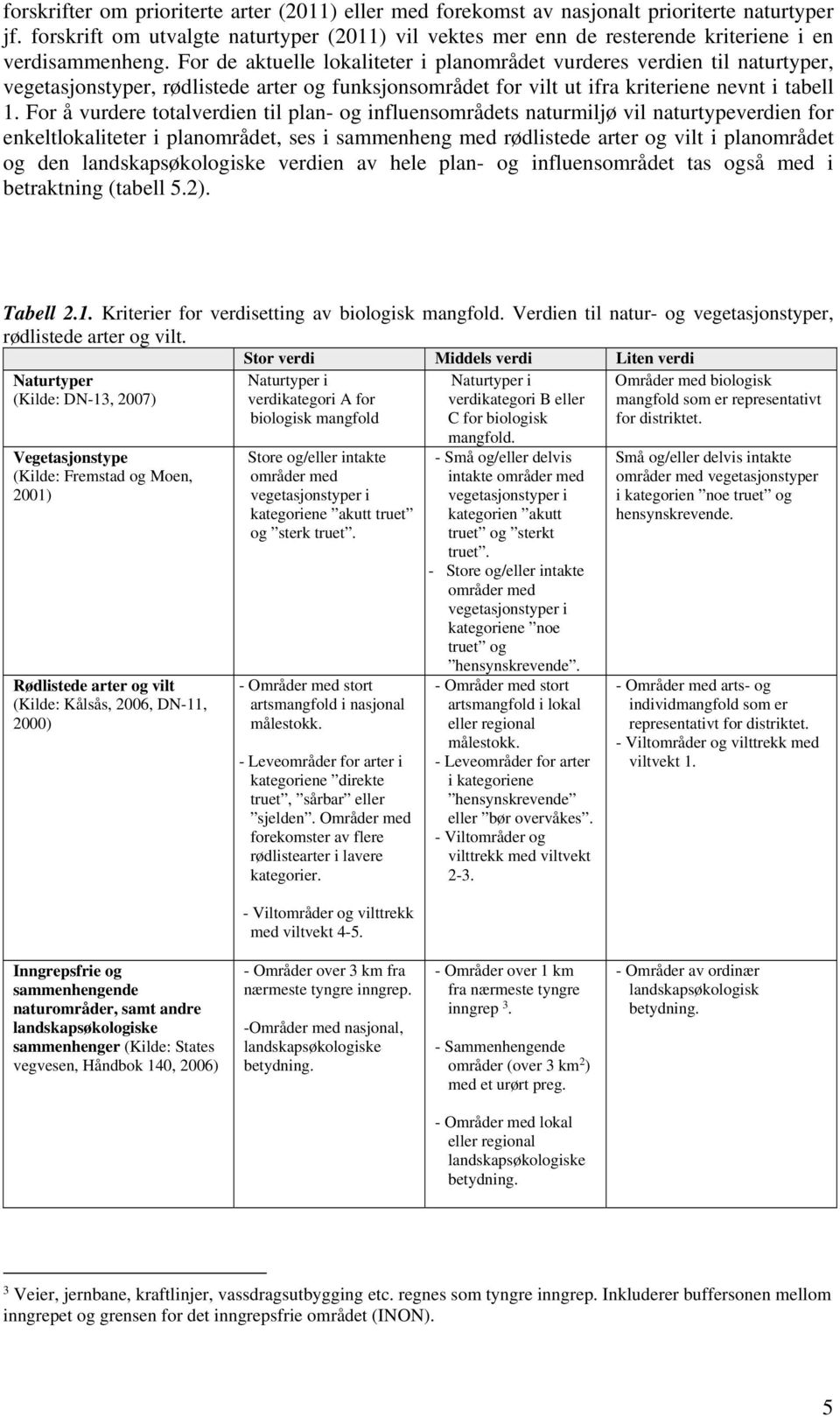 For de aktuelle lokaliteter i planområdet vurderes verdien til naturtyper, vegetasjonstyper, rødlistede arter og funksjonsområdet for vilt ut ifra kriteriene nevnt i tabell 1.