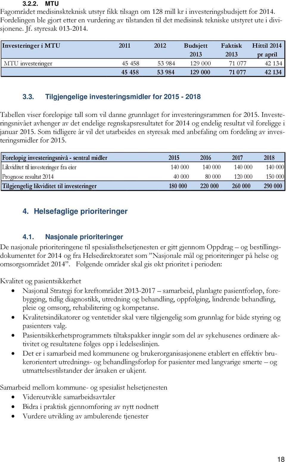 Investeringer i MTU 2011 2012 Budsjett Faktisk Hittil 2014 2013 2013 pr april MTU investeringer 45 458 53 984 129 000 71 077 42 134 45 458 53 984 129 000 71 077 42 134 3.3. Tilgjengelige investeringsmidler for 2015-2018 Tabellen viser foreløpige tall som vil danne grunnlaget for investeringsrammen for 2015.