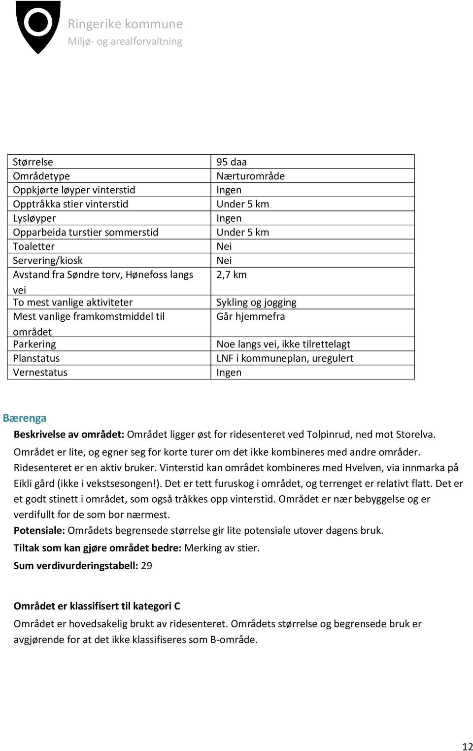 kommuneplan, uregulert Bærenga Beskrivelse av området: Området ligger øst for ridesenteret ved Tolpinrud, ned mot Storelva.