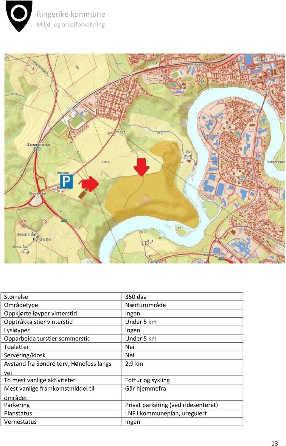 vanlige aktiviteter Mest vanlige framkomstmiddel til området Parkering Planstatus Vernestatus 350 daa