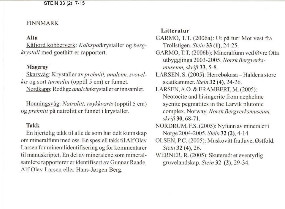 Takk En hjertelig takk til alle de som har delt kunnskap om mineralfunn med oss. En spesiell takk til Alf Olav Larsen for mineralidentifisering og for kommentarer til manuskriptet.