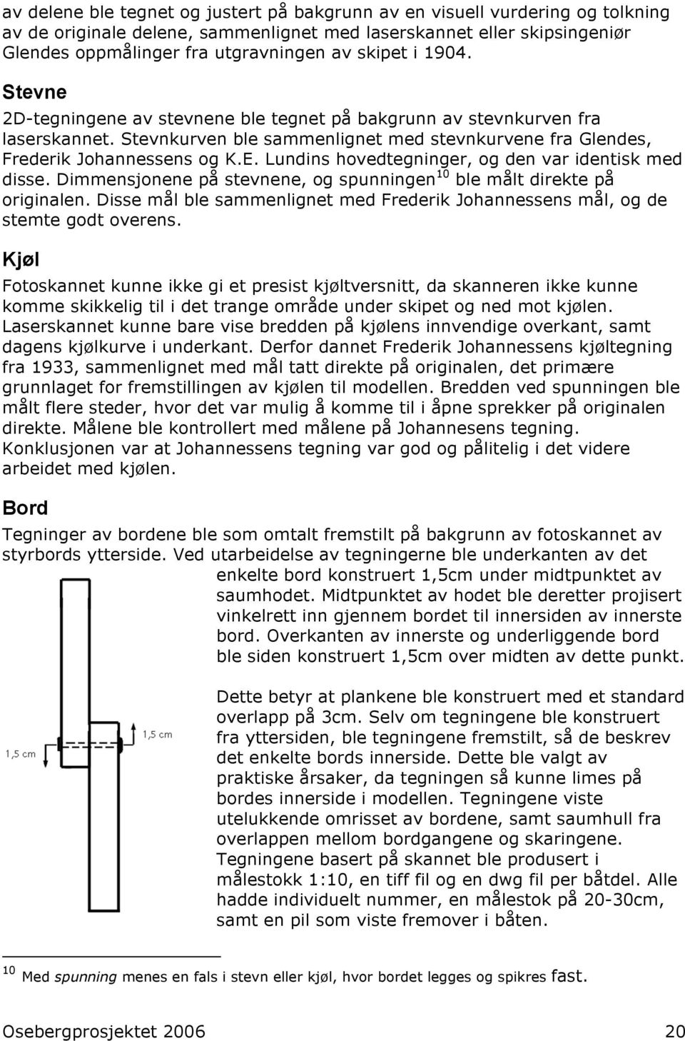 Lundins hovedtegninger, og den var identisk med disse. Dimmensjonene på stevnene, og spunningen 10 ble målt direkte på originalen.