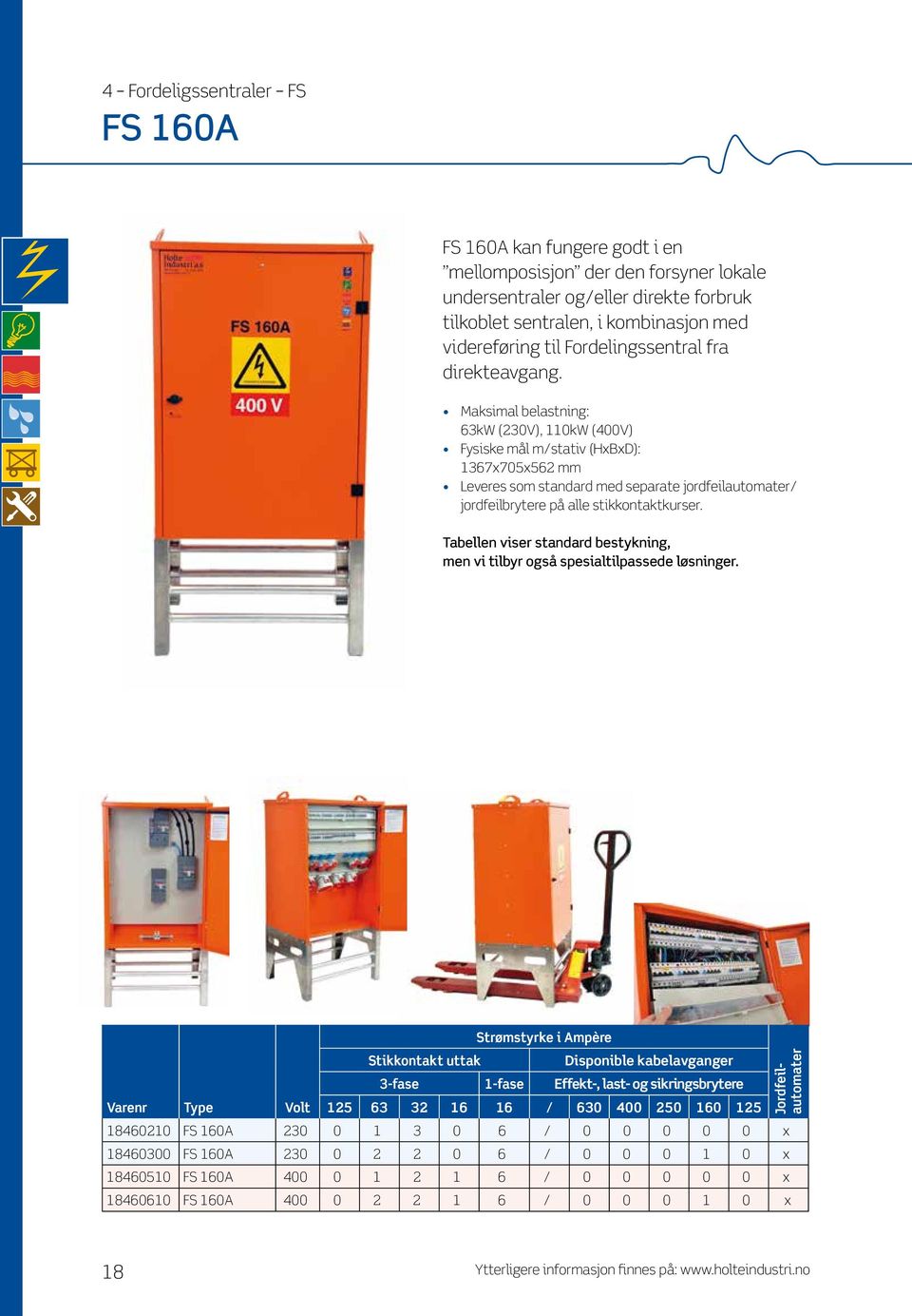 Maksimal belastning: 63kW (230V), 110kW (400V) Fysiske mål m/stativ (HxBxD): 1367x705x562 mm Leveres som standard med separate jordfeilautomater/ jordfeilbrytere på alle stikkontaktkurser.