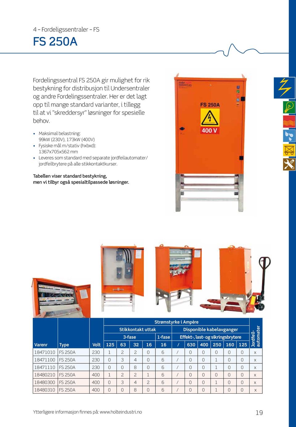 Maksimal belastning: 99kW (230V), 173kW (400V) Fysiske mål m/stativ (hxbxd): 1367x705x562 mm Leveres som standard med separate jordfeilautomater/ jordfeilbrytere på alle stikkontaktkurser.