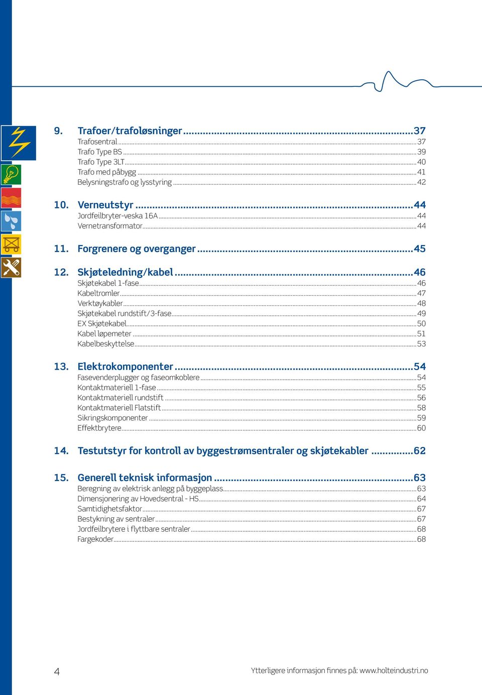 ..50 Kabel løpemeter...51 Kabelbeskyttelse...53 13. Elektrokomponenter...54 Fasevenderplugger og faseomkoblere...54 Kontaktmateriell 1-fase...55 Kontaktmateriell rundstift.