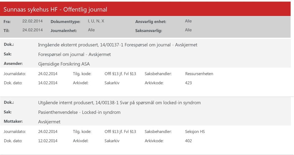 2014 Arkivdel: Sakarkiv Arkivkode: 423 tgående internt produsert, 14/00138-1 Svar på spørsmål om