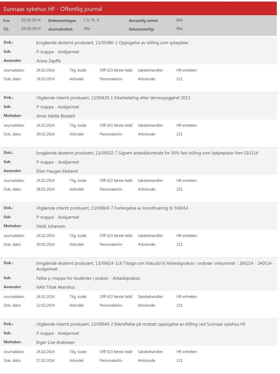 2014 Arkivdel: Personalarkiv Arkivkode: 221 Inngående eksternt produsert, 13/00502-7 Signert arbeidskontrakt for 50% fast stilling som hjelpepleier fom 010114 Ellen Haugen Ekeland Dok. dato: 28.01.2014 Arkivdel: Personalarkiv Arkivkode: 221 tgående internt produsert, 13/00604-7 Forlengelse av konstituering til 300414 Heidi Johansen Dok.