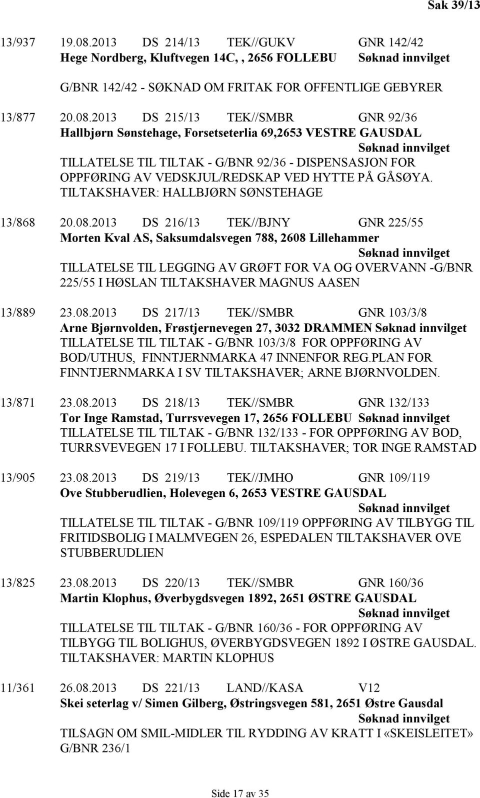 2013 DS 215/13 TEK//SMBR GNR 92/36 Hallbjørn Sønstehage, Forsetseterlia 69,2653 VESTRE GAUSDAL TILLATELSE TIL TILTAK - G/BNR 92/36 - DISPENSASJON FOR OPPFØRING AV VEDSKJUL/REDSKAP VED HYTTE PÅ GÅSØYA.