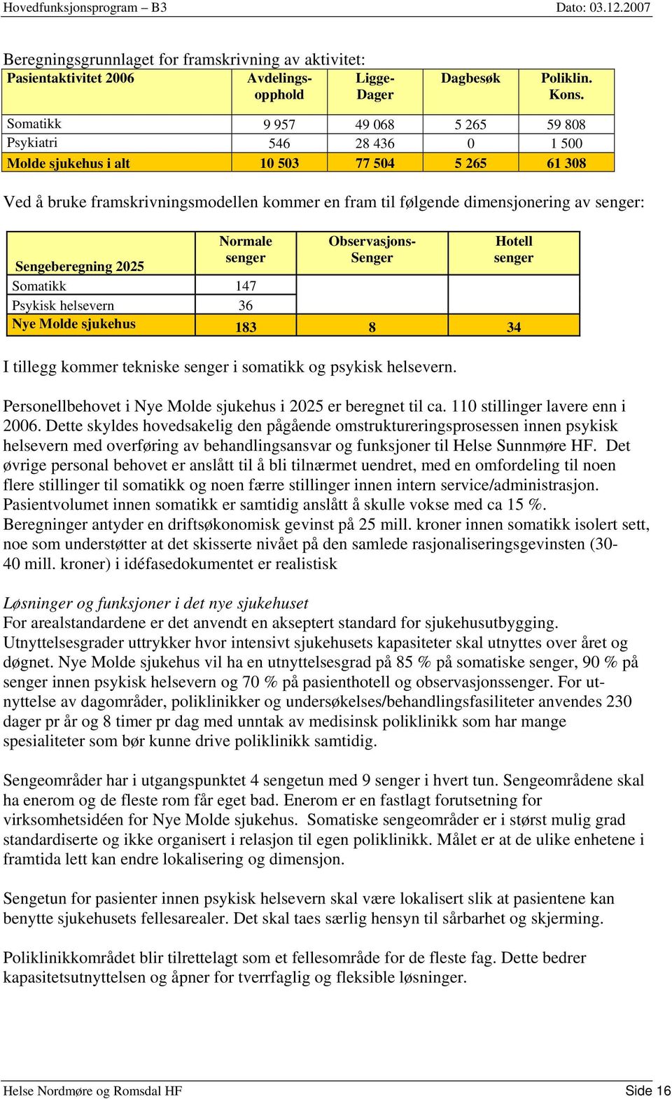 senger: Normale senger Observasjons- Senger Hotell senger Sengeberegning 2025 Somatikk 147 Psykisk helsevern 36 Nye Molde sjukehus 183 8 34 I tillegg kommer tekniske senger i somatikk og psykisk