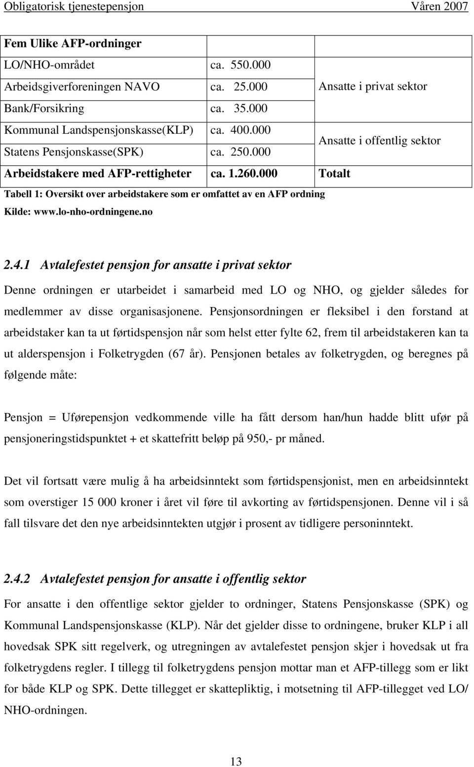 000 Totalt Tabell 1: Oversikt over arbeidstakere som er omfattet av en AFP ordning Kilde: www.lo-nho-ordningene.no 2.4.