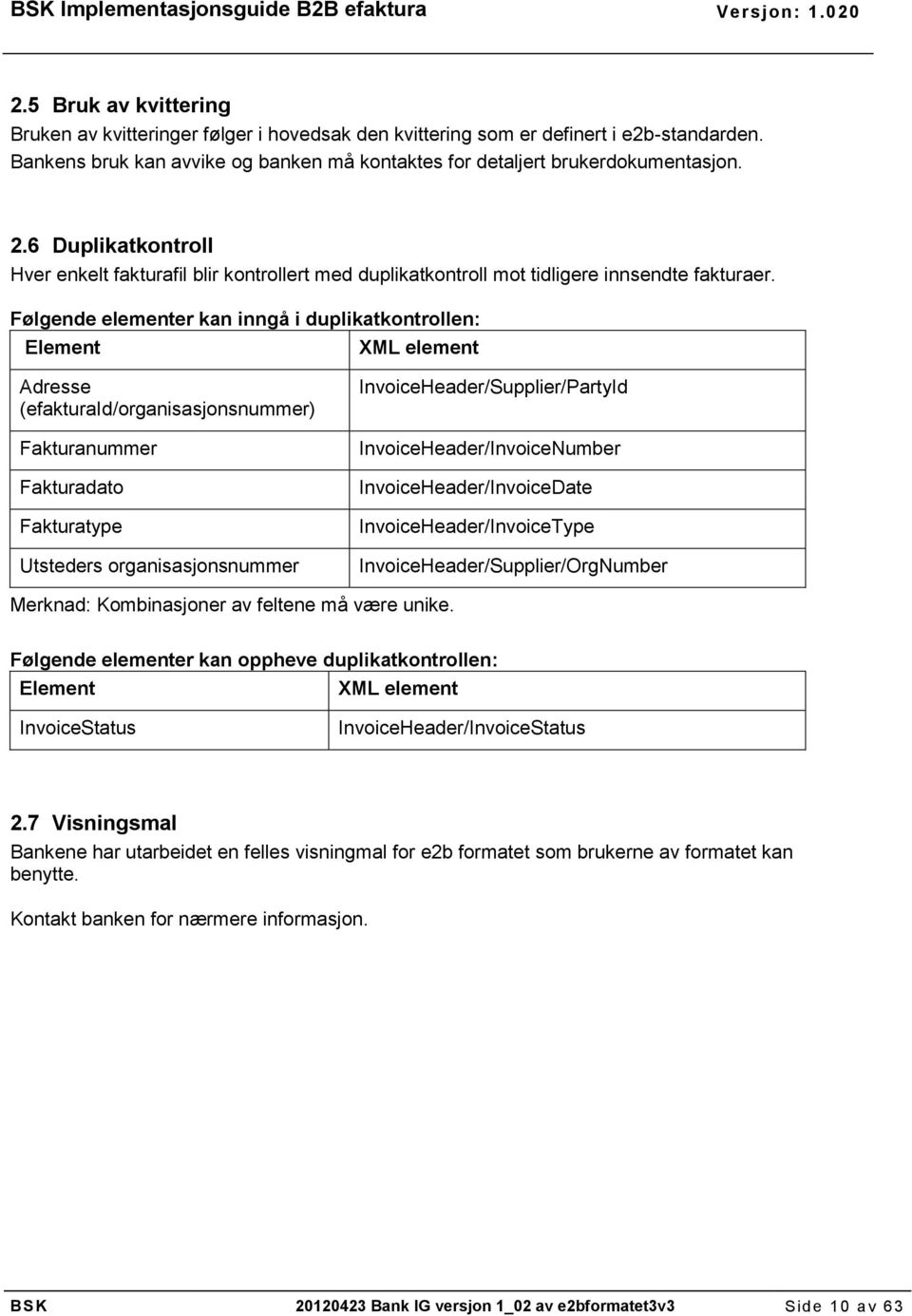 Følgende elementer kan inngå i duplikatkontrollen: Element XML element Adresse (efakturaid/organisasjonsnummer) Fakturanummer Fakturadato Fakturatype Utsteders organisasjonsnummer