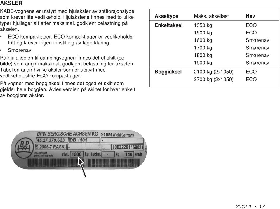 På hjulakselen til campingvognen finnes det et skilt (se bilde) som angir maksimal, godkjent belastning for akselen. Tabellen angir hvilke aksler som er utstyrt med vedlikeholdsfrie ECO kompaktlager.