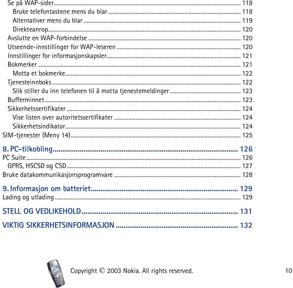 .. 123 Sikkerhetssertifikater... 124 Vise listen over autoritetssertifikater... 124 Sikkerhetsindikator... 124 SIM-tjenester (Meny 14)... 125 8. PC-tilkobling... 126 PC Suite... 126 GPRS, HSCSD og CSD.