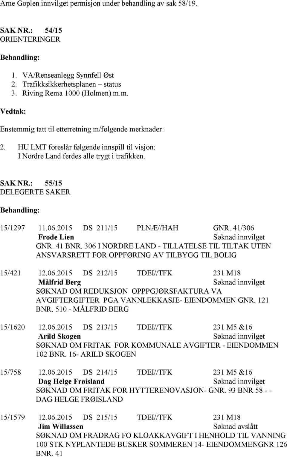 : 55/15 DELEGERTE SAKER Behandling: 15/1297 11.06.2015 DS 211/15 PLNÆ//HAH GNR. 41/306 Frode Lien GNR. 41 BNR.