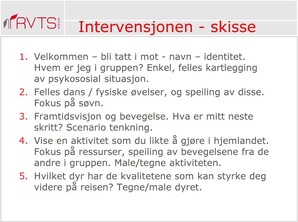 Framtidsvisjon og bevegelse. Hva er mitt neste skritt? Scenario tenkning. 4. Vise en aktivitet som du likte å gjøre i hjemlandet.