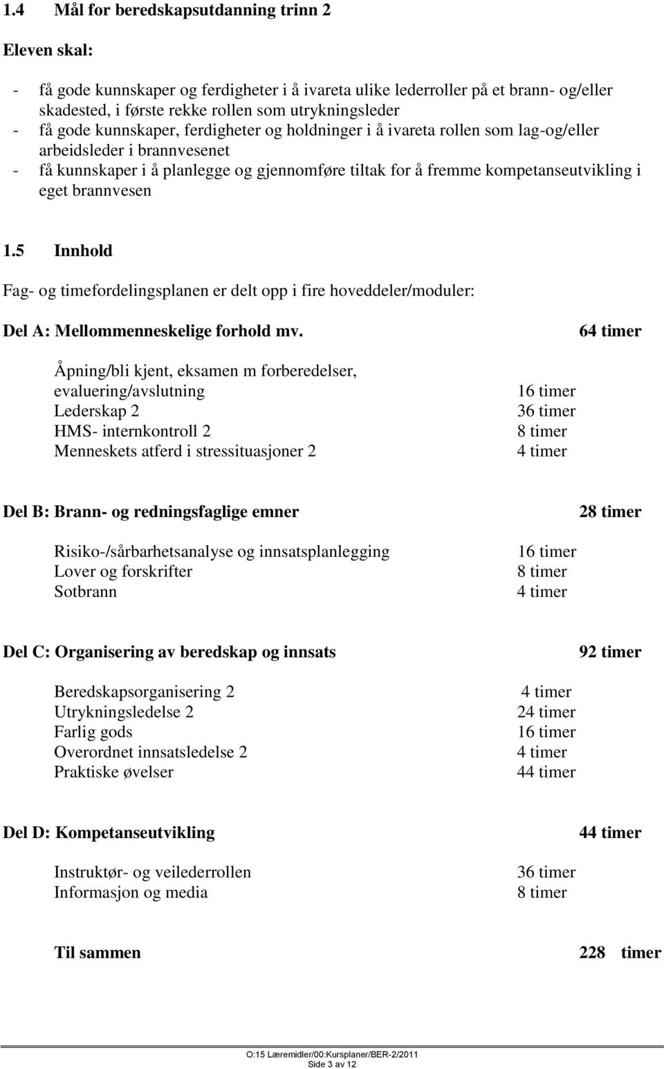 brannvesen 1.5 Innhold Fag- og timefordelingsplanen er delt opp i fire hoveddeler/moduler: Del A: Mellommenneskelige forhold mv.