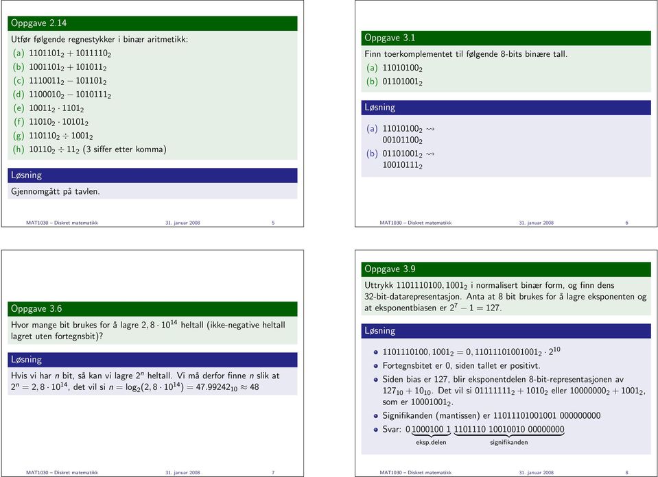 2 1001 2 (h) 10110 2 11 2 (3 siffer etter komma) Oppgave 3.1 Finn toerkomplementet til følgende 8-bits binære tall.