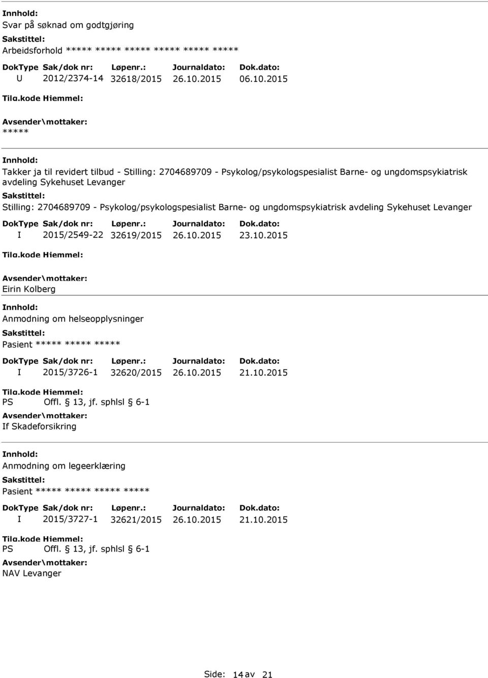 Levanger Stilling: 2704689709 - Psykolog/psykologspesialist Barne- og ungdomspsykiatrisk avdeling Sykehuset Levanger 2015/2549-22 32619/2015 23.