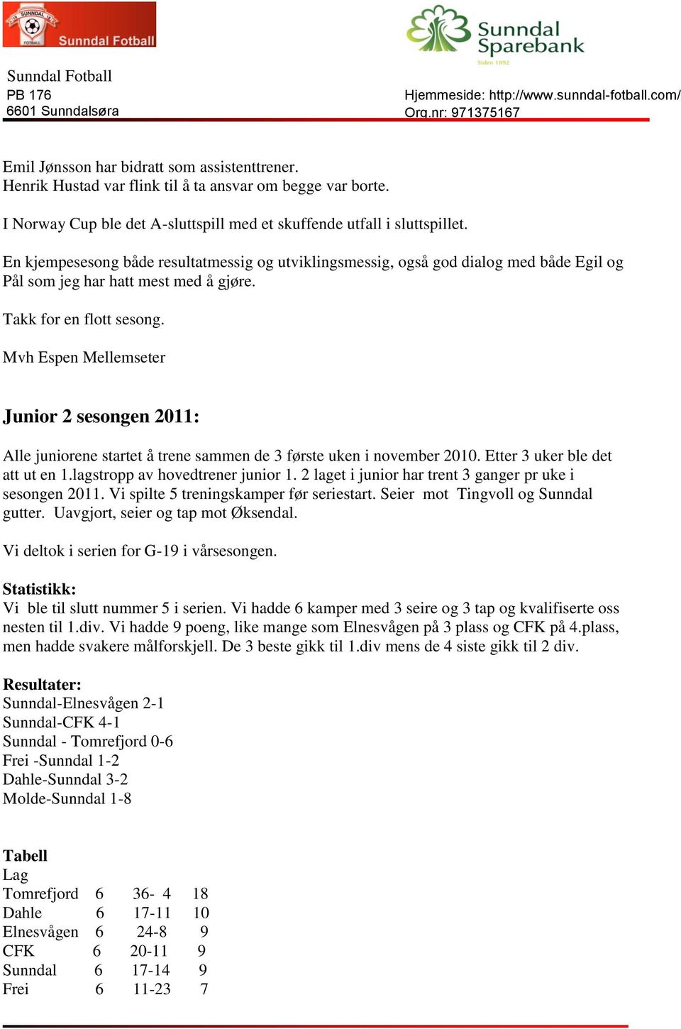 Mvh Espen Mellemseter Junior 2 sesongen 2011: Alle juniorene startet å trene sammen de 3 første uken i november 2010. Etter 3 uker ble det att ut en 1.lagstropp av hovedtrener junior 1.