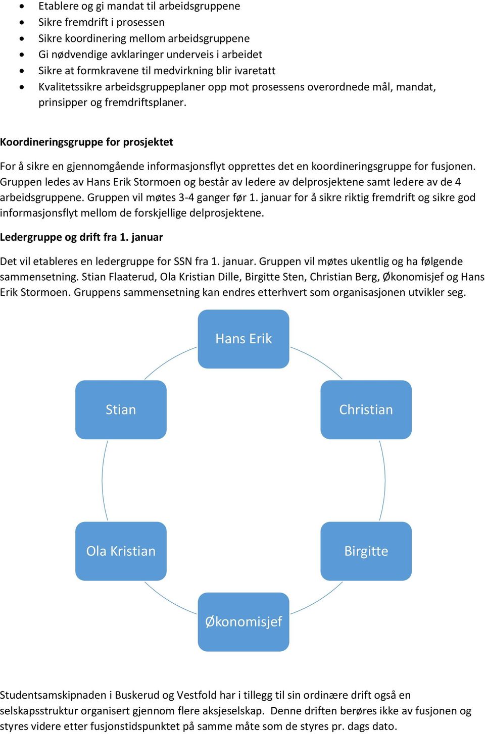 Koordineringsgruppe for prosjektet For å sikre en gjennomgående informasjonsflyt opprettes det en koordineringsgruppe for fusjonen.