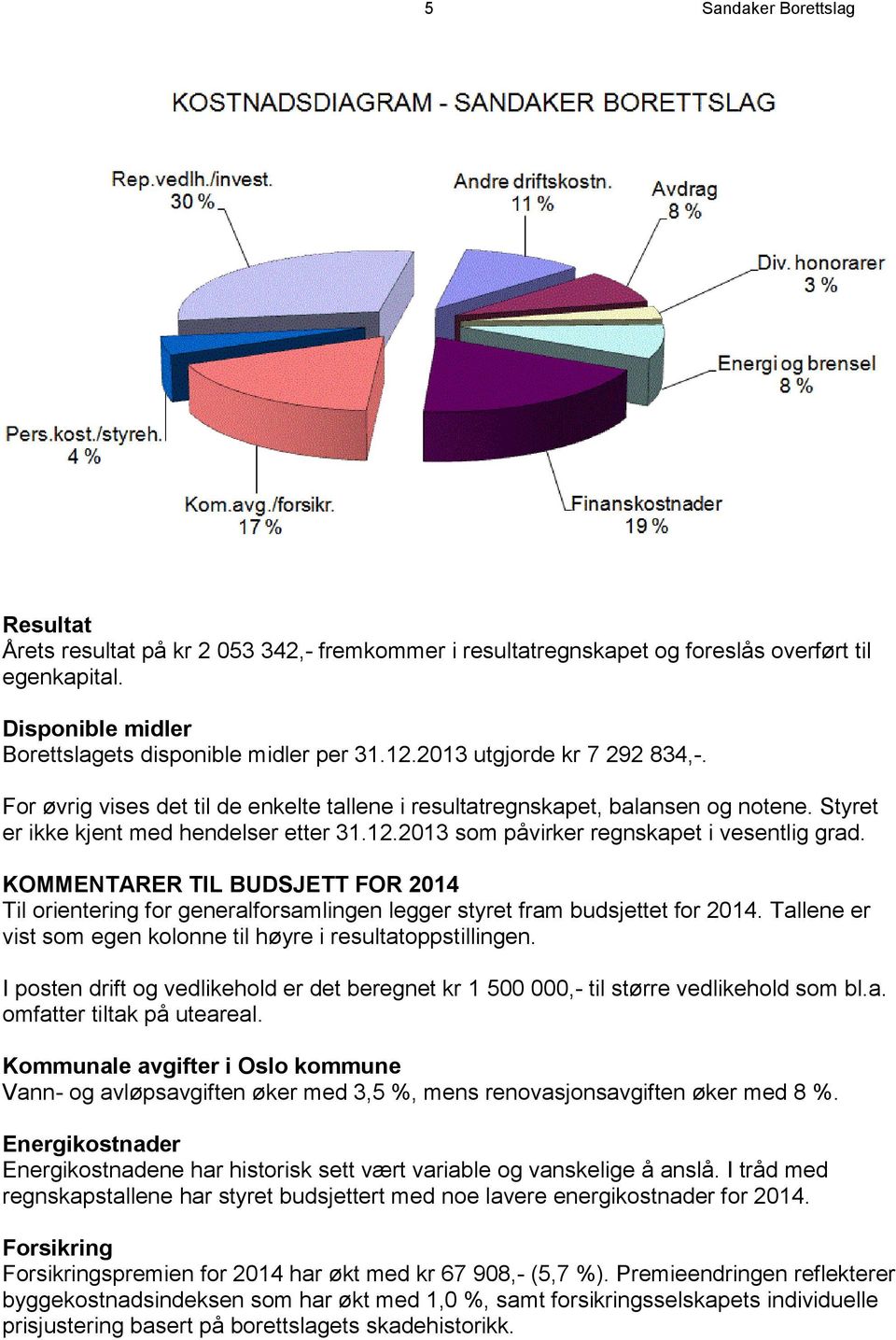 2013 som påvirker regnskapet i vesentlig grad. KOMMENTARER TIL BUDSJETT FOR 2014 Til orientering for generalforsamlingen legger styret fram budsjettet for 2014.