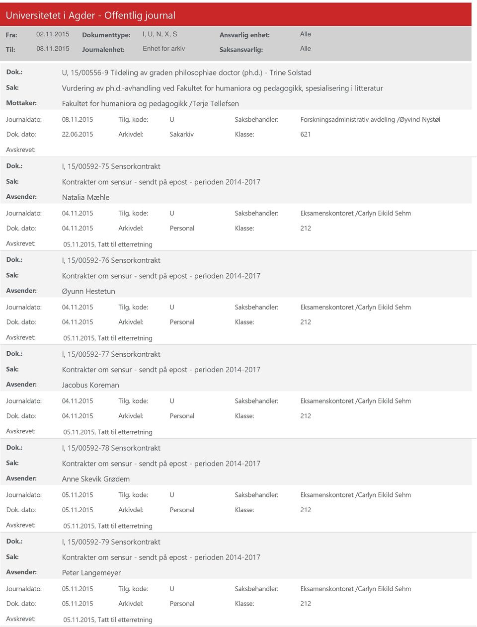 2015 Arkivdel: Sakarkiv 621 I, 15/00592-75 Sensorkontrakt Natalia Mæhle I, 15/00592-76 Sensorkontrakt Øyunn Hestetun I, 15/00592-77 Sensorkontrakt Jacobus Koreman I, 15/00592-78
