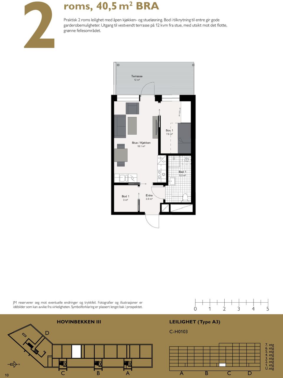 Utgang til vestvendt terrasse P- på rom: 12 kvm fra stue, 37,5m2 med utsikt mot det flotte, 39 1 HOVIBEKKE III Leilighet type Terrasse 12 m² 7.6 m² 18.1 m² 5. 2.