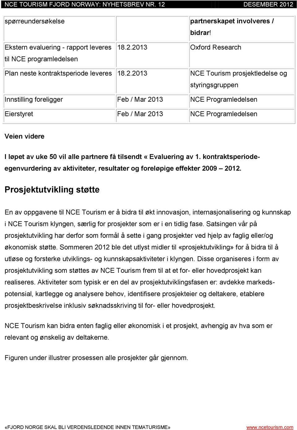 NCE Programledelsen Veien videre I løpet av uke 50 vil alle partnere få tilsendt «Evaluering av 1. kontraktsperiode- egenvurdering av aktiviteter, resultater og foreløpige effekter 2009 2012.