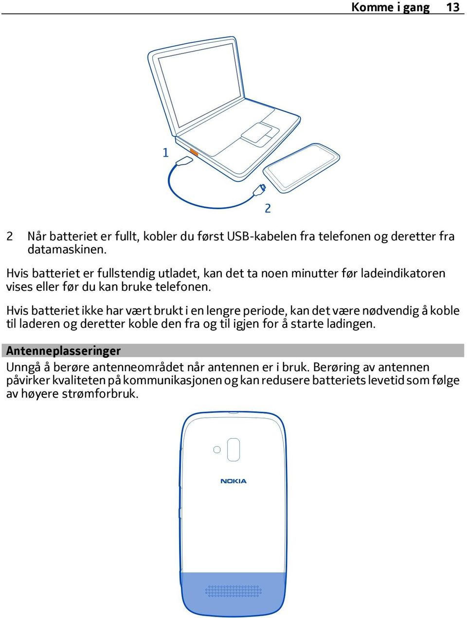 Hvis batteriet ikke har vært brukt i en lengre periode, kan det være nødvendig å koble til laderen og deretter koble den fra og til igjen for å starte