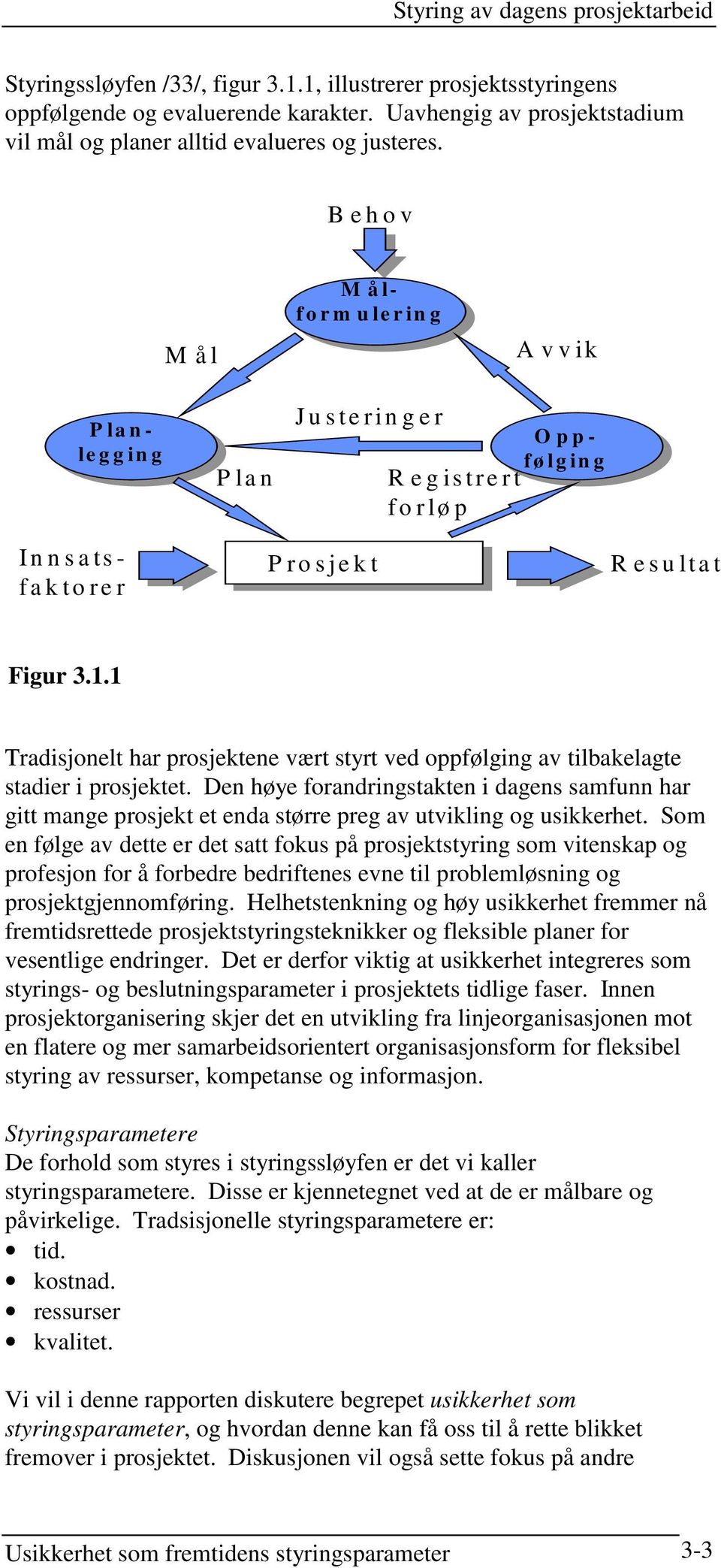 Behov Mål Oppfølging Målform ulering Avvik Plan Justeringer R egistrert forløp Innsatsfaktorer Planlegging Prosjekt Resultat Figur 3.1.