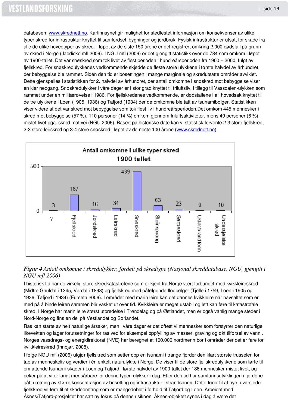 I NGU mfl (2006) er det gjengitt statistikk over de 784 som omkom i løpet av 1900-tallet. Det var snøskred som tok livet av flest perioden i hundreårsperioden fra 1900 2000, fulgt av fjellskred.