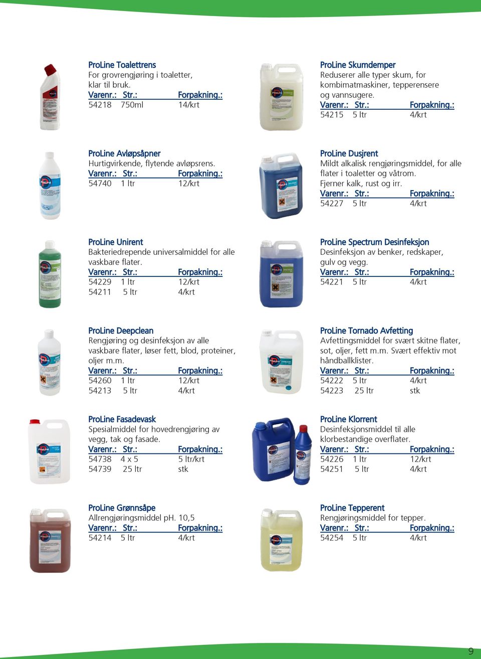 Fjerner kalk, rust og irr. 54227 5 ltr 4/krt ProLine Unirent Bakteriedrepende universalmiddel for alle vaskbare flater.