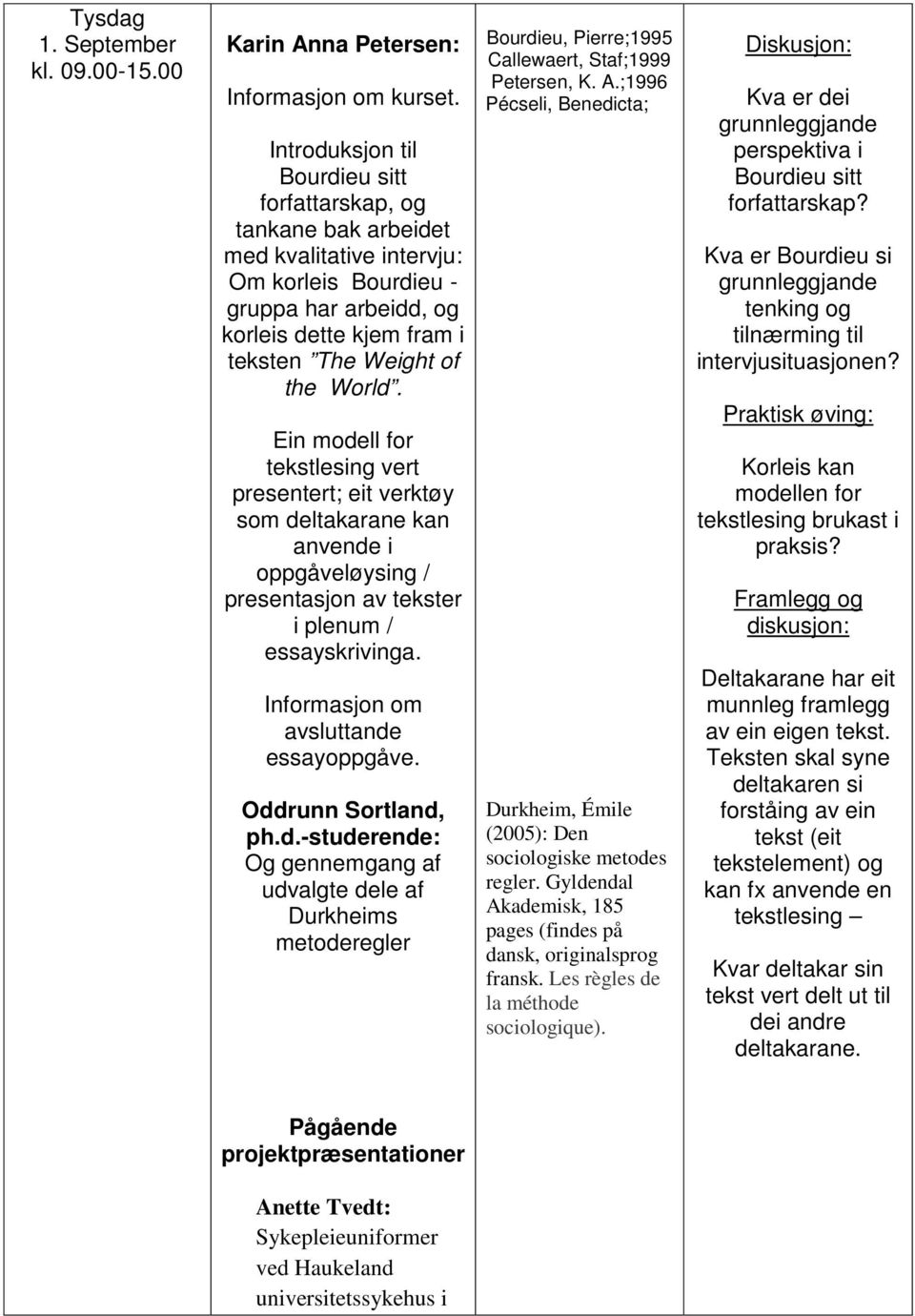 Ein modell for tekstlesing vert presentert; eit verktøy som deltakarane kan anvende i oppgåveløysing / presentasjon av tekster i plenum / essayskrivinga. Informasjon om avsluttande essayoppgåve.