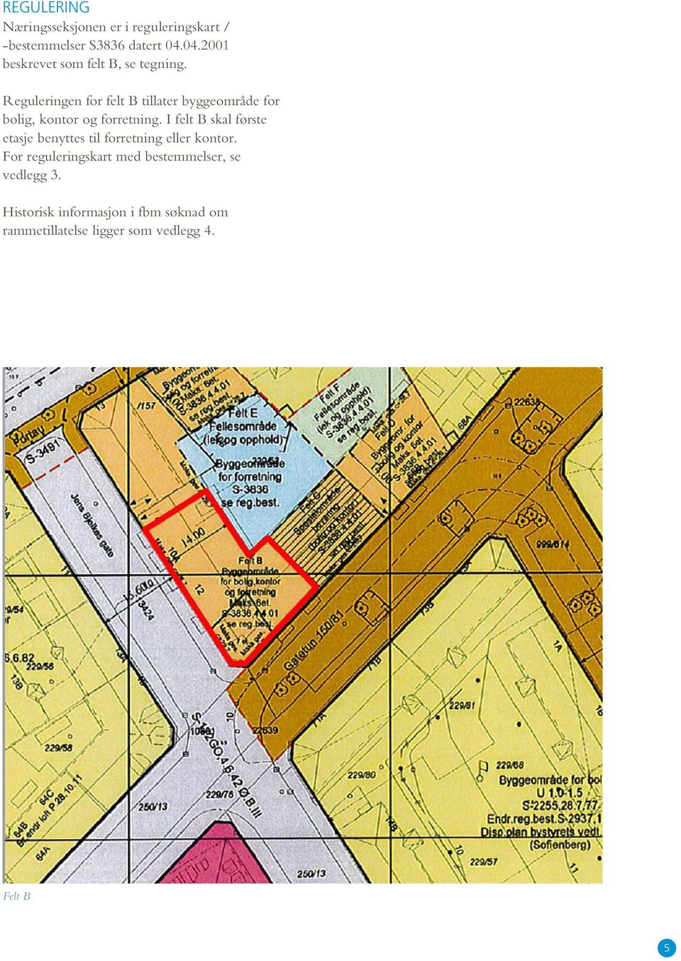 Reguleringen for felt B tillater byggeområde for bolig, kontor og forretning.