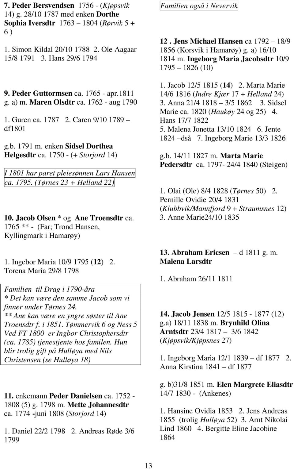 1750 - (+ Storjord 14) I 1801 har paret pleiesønnen Lars Hansen ca. 1795. (Tørnes 23 + Helland 22) 10. Jacob Olsen * og Ane Troensdtr ca. 1765 ** - (Far; Trond Hansen, Kyllingmark i Hamarøy) 1.