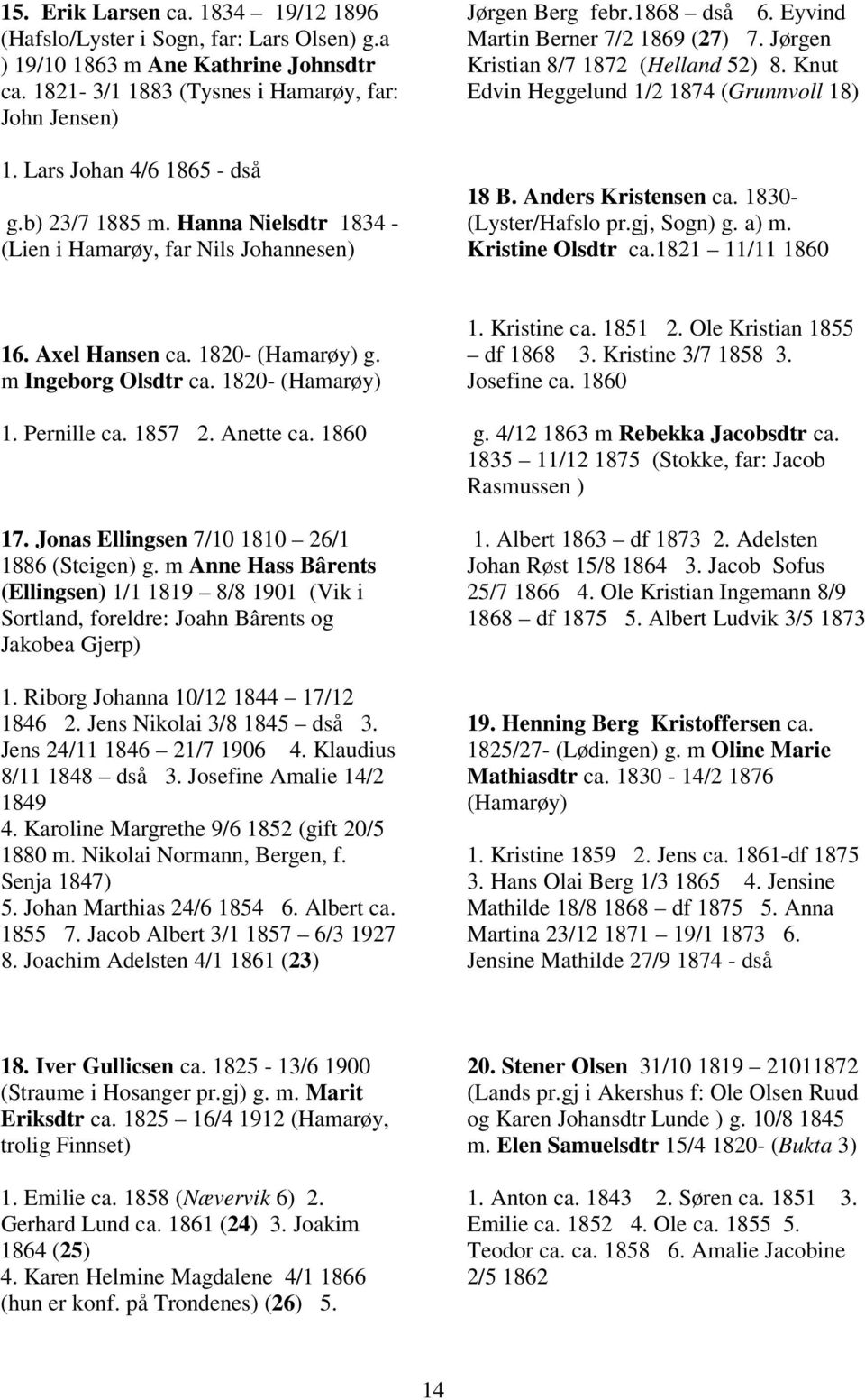 Jørgen Kristian 8/7 1872 (Helland 52) 8. Knut Edvin Heggelund 1/2 1874 (Grunnvoll 18) 18 B. Anders Kristensen ca. 1830- (Lyster/Hafslo pr.gj, Sogn) g. a) m. Kristine Olsdtr ca.1821 11/11 1860 16.