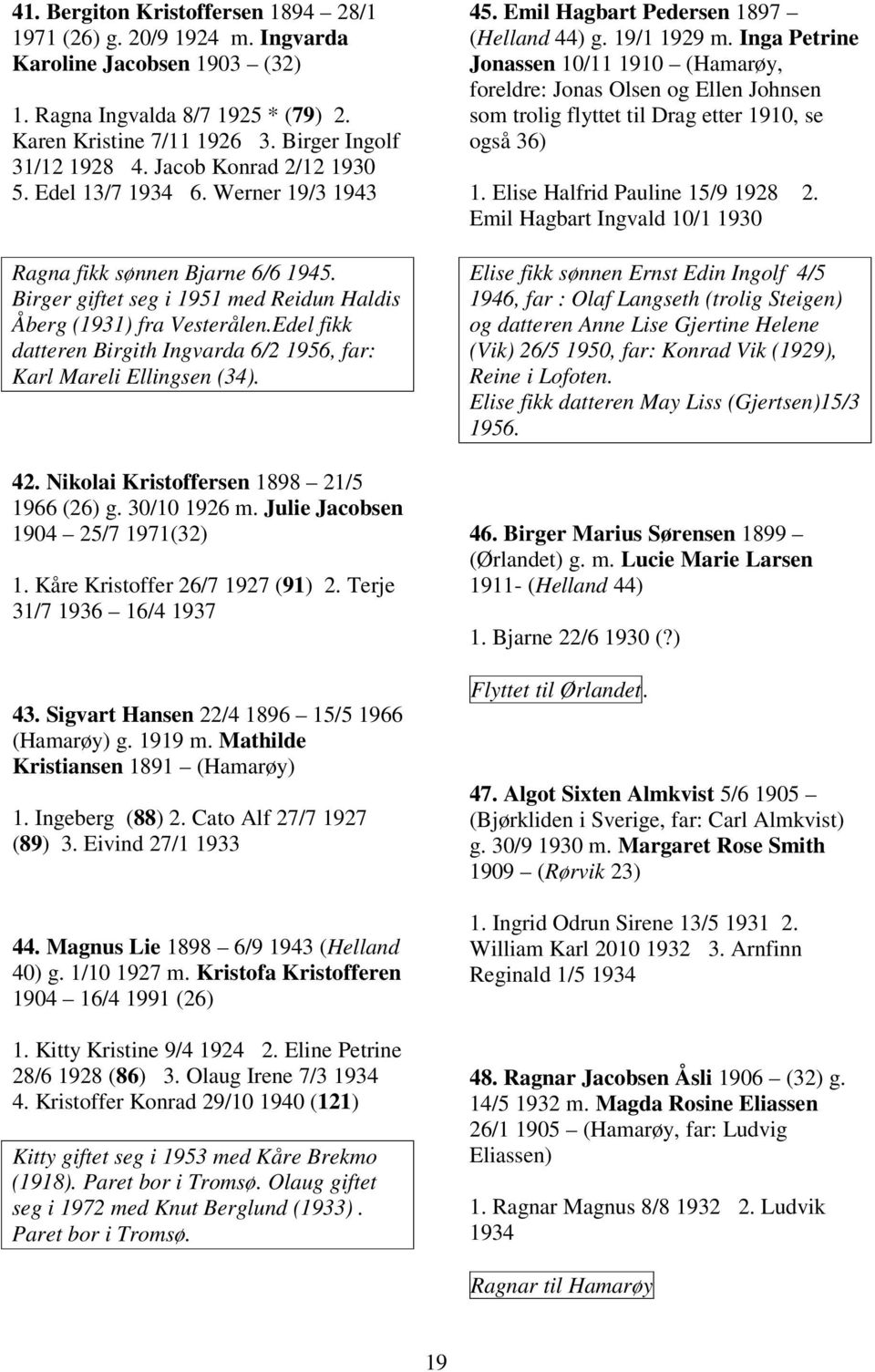 Edel fikk datteren Birgith Ingvarda 6/2 1956, far: Karl Mareli Ellingsen (34). 42. Nikolai Kristoffersen 1898 21/5 1966 (26) g. 30/10 1926 m. Julie Jacobsen 1904 25/7 1971(32) 1.