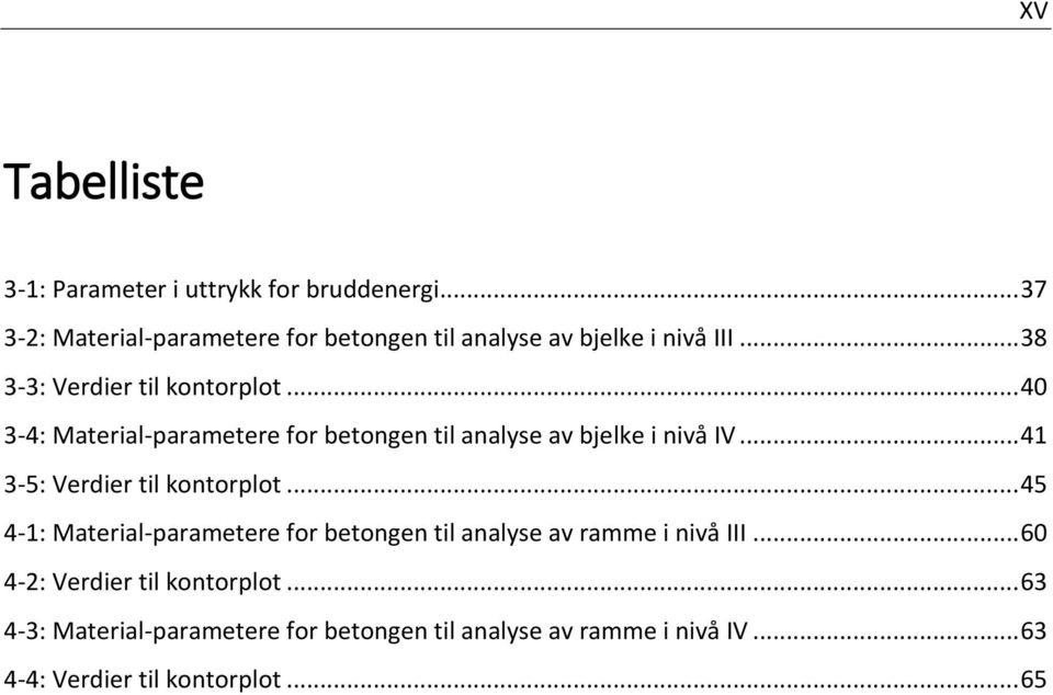 .. 40 3-4: Material-parametere for betongen til analyse av bjelke i nivå IV... 41 3-5: Verdier til kontorplot.