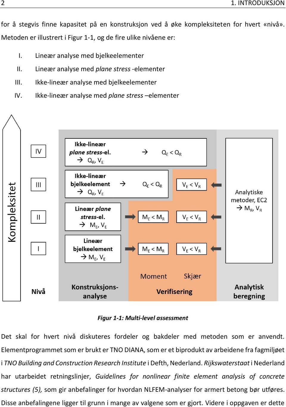 Lineær analyse med plane stress -elementer Ikke-lineær analyse med bjelkeelementer Ikke-lineær analyse med plane stress elementer Figur 1-1: Multi-level assessment Det skal for hvert nivå diskuteres