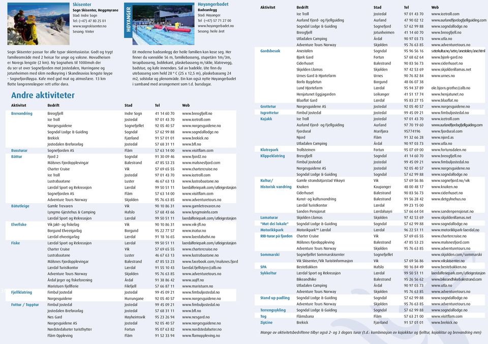 13 km flotte langrennsløyper rett utfor døra. 36 36 Andre aktiviteter Skisenter Sogn Skisenter, Heggmyrane Stad: Indre Sogn Tel: (+47) 47 80 25 01 www.sognskisenter.