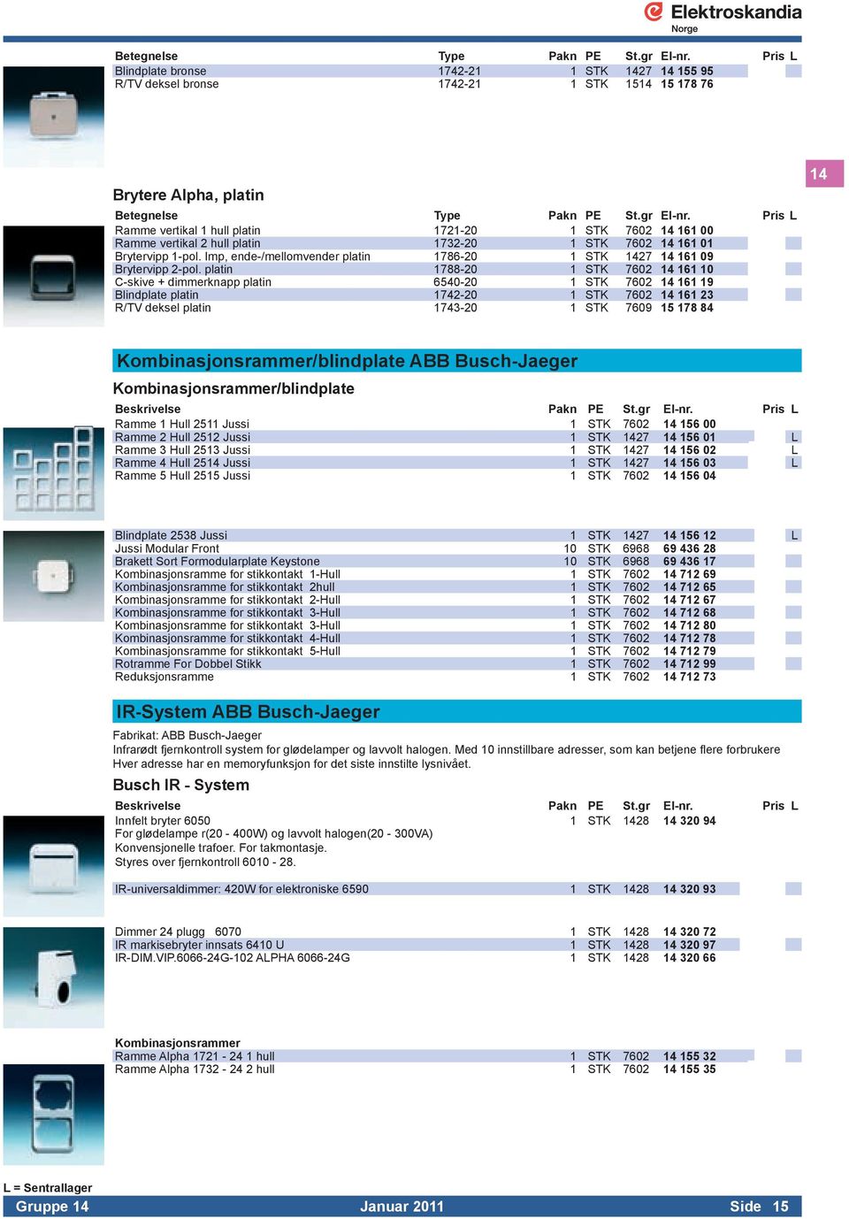 platin 1788-20 1 STK 7602 14 161 10 C-skive + dimmerknapp platin 6540-20 1 STK 7602 14 161 19 Blindplate platin 1742-20 1 STK 7602 14 161 23 R/TV deksel platin 1743-20 1 STK 7609 15 178 84 14