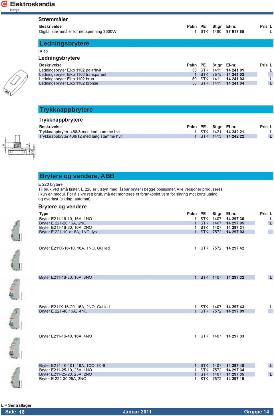 med kort stamme hvit 1 STK 1421 14 242 21 L Trykknappbryter 468/12 med lang stamme hvit 1 STK 1413 14 242 22 L Brytere og vendere, ABB E 220 brytere Til bruk ved små laster.